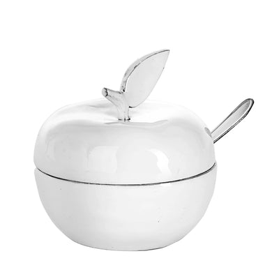 (D) Judaica Honey Dish Enamel Apple with Spoon for Rosh Hashanah (White)