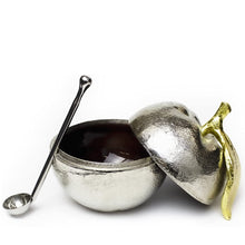 (D) Judaica Apple Shaped Steel Honey Dish with Miniature Ladle Silver