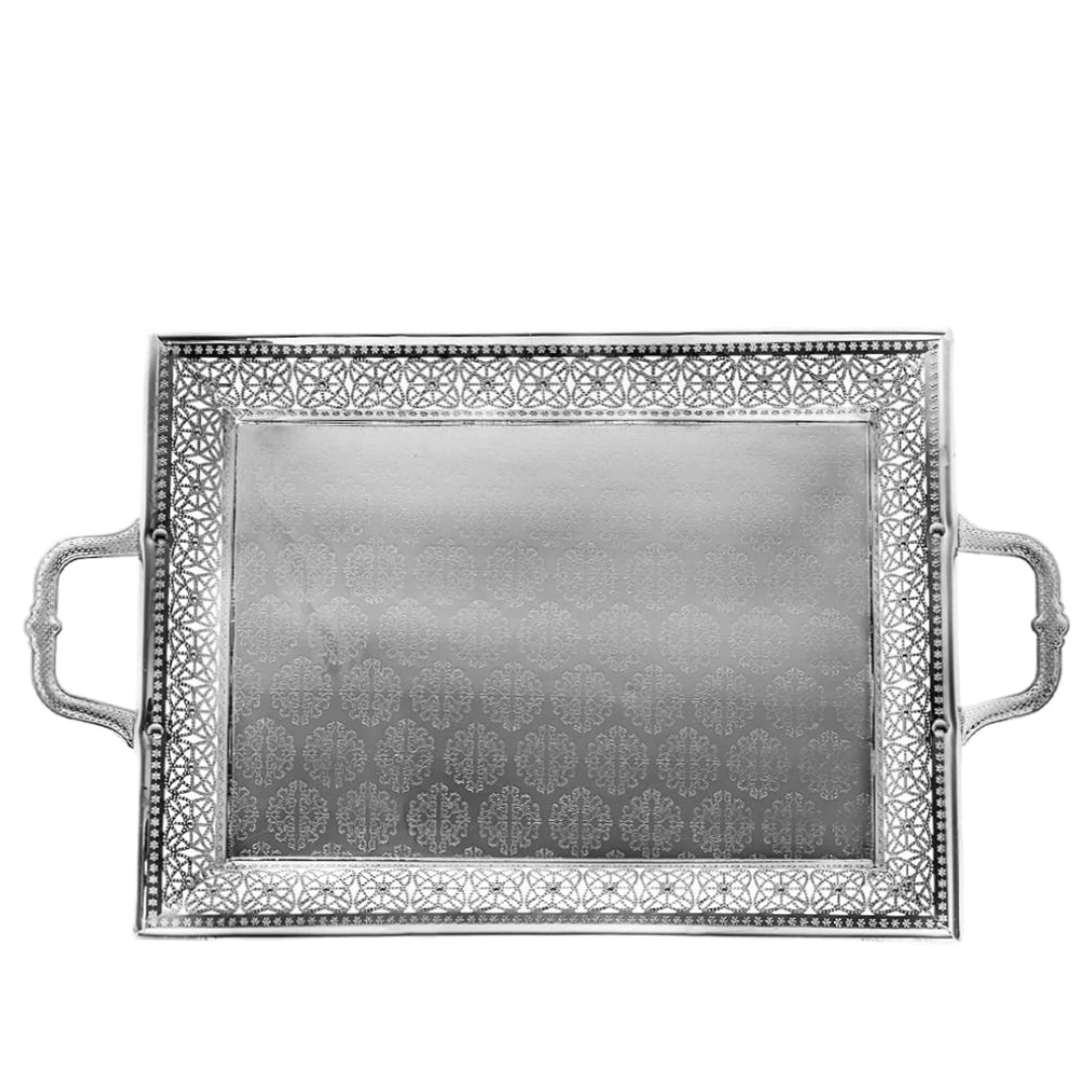 (D) Judaica Silver Plated Tray with Tiny Flowers and Handles 14x22.5''