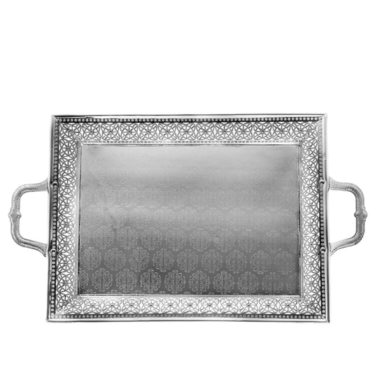(D) Judaica Silver Plated Tray with Tiny Flowers and Handles 14x22.5''