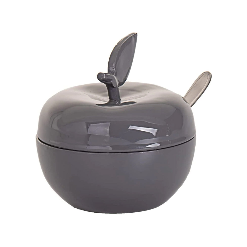 (D) Judaica Honey Dish Enamel Apple with Spoon for Rosh Hashanah (Grey)