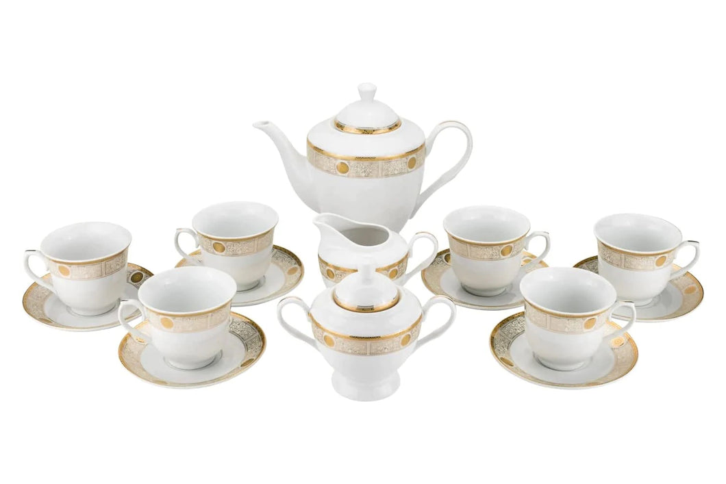 17 Piece Dilagio Tea Set, Luxury Porcelain 24K Gold