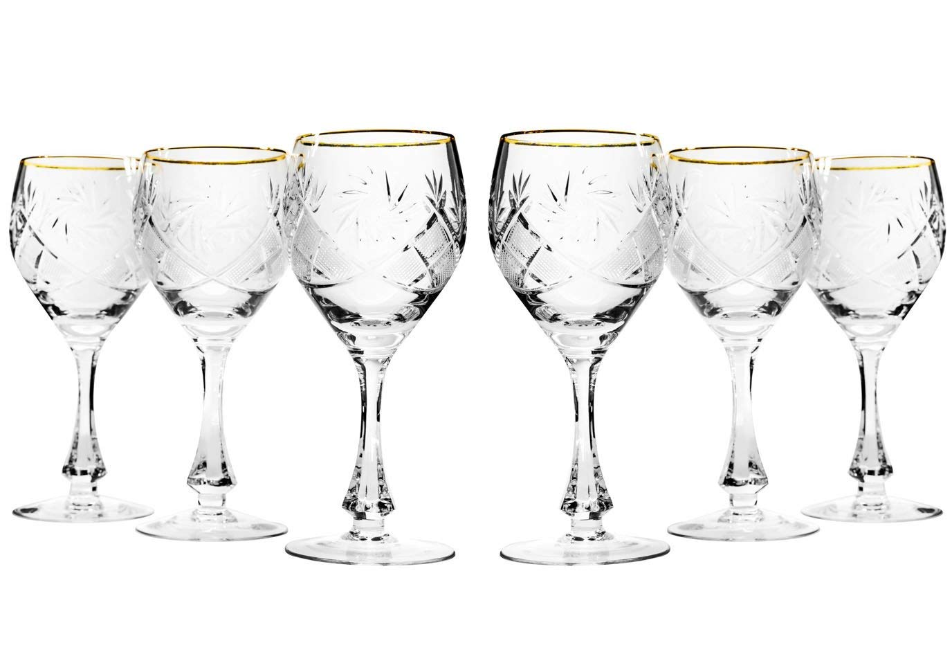 Set of 6 Vintage Crystal Classic Wine Goblets on a Stem With Gold Rim 10 oz