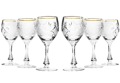 Set of 6 Vintage Crystal Classic Wine Goblets on a Stem With Gold Rim 10 oz