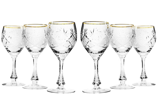 Set of 6 Vintage Crystal Classic Wine Goblets on a Stem With Gold Rim 10 oz