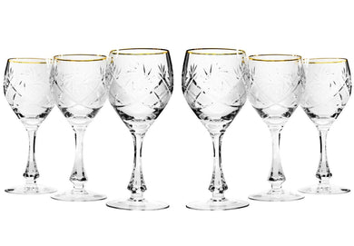 Set of 6 Vintage Crystal Classic Wine Goblets on a Stem With Gold Rim 10 oz