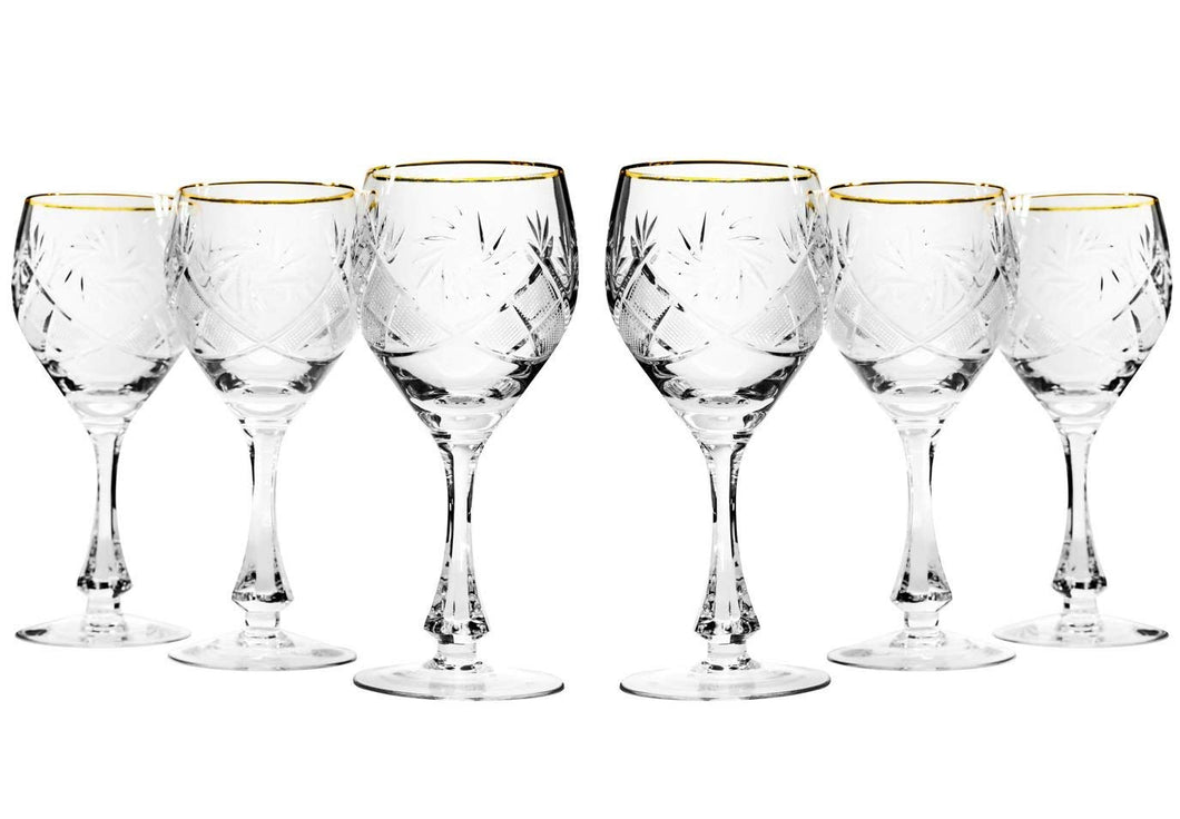Set of 6 Vintage Crystal Classic Wine Goblets on a Stem With Gold Rim 10 oz