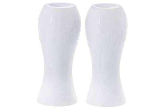(D) Judaica White Opaugue Trilles Candlestick Holders 2 Pc 4.5 H