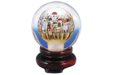 (D) Judaica Golden Jerusalem Crystal Paperweight Brown Wooden Base 2.5x2''