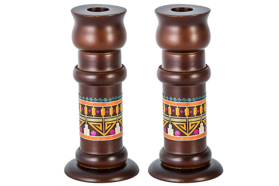 (D) Judaica Wood Candle Sticks with Straw Pattern 6 1/4 H Home Decor (Brown)