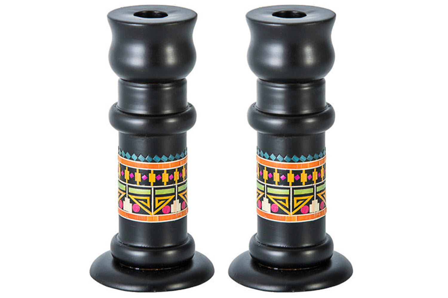 (D) Judaica Wood Candle Sticks with Straw Pattern 6 1/4 H Home Decor