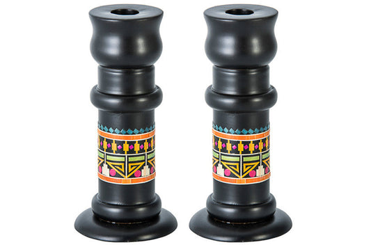 (D) Judaica Wood Candle Sticks with Straw Pattern 6 1/4 H Home Decor (Black)