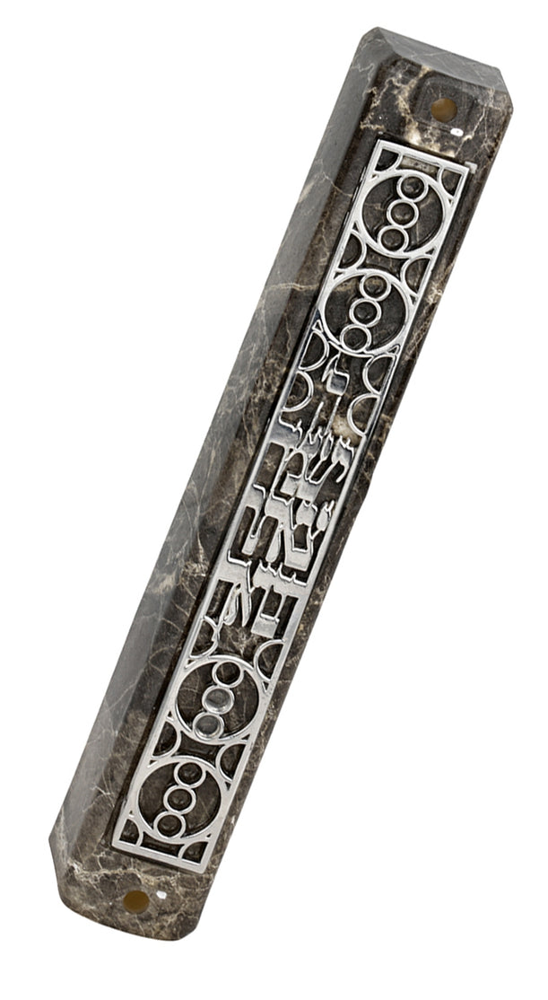 (D) Judaica Plastic Marble Style Mezuzah Case, Metal (4.7'', Silver Circle)