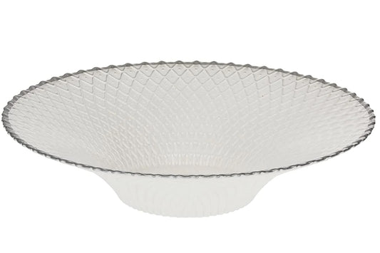 (D) Judaica Round Glass Bowl White with Grey Edge 12.5 D, Centrepiece