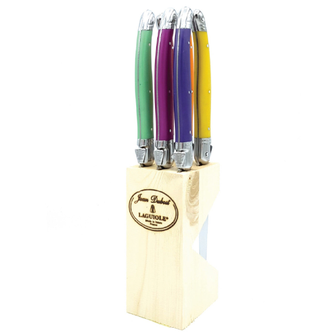 Laguiole 12-piece serrated stainless steel steak knife set displayed upright in a wooden storage block