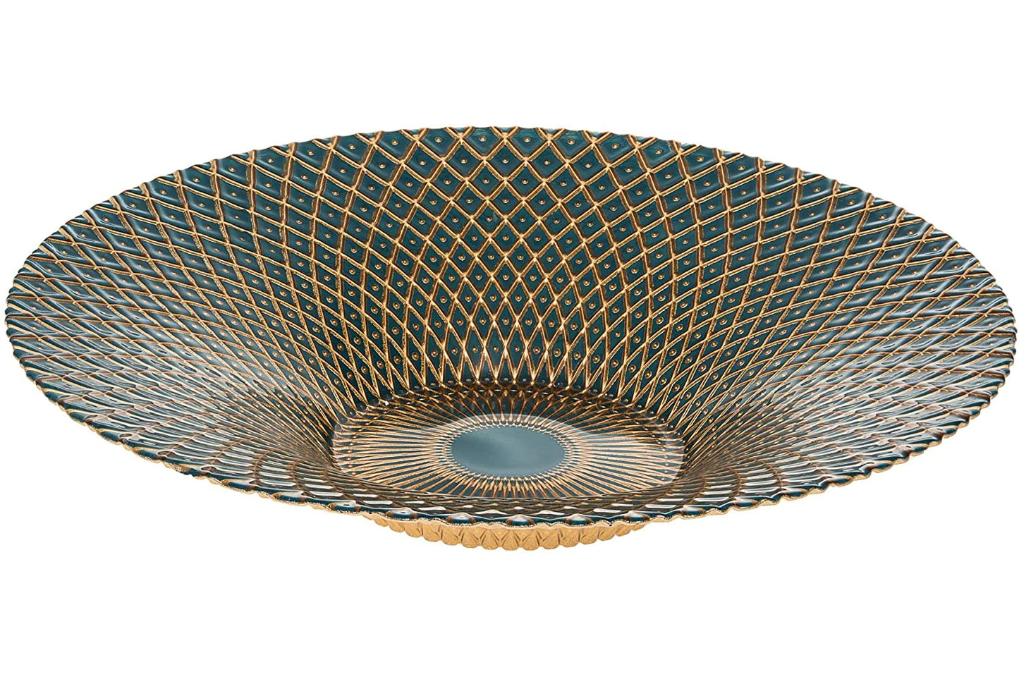 (D) Judaica Round Glass Bowl Mesh Decor for Pasta, Salad 16 Inch (Green)