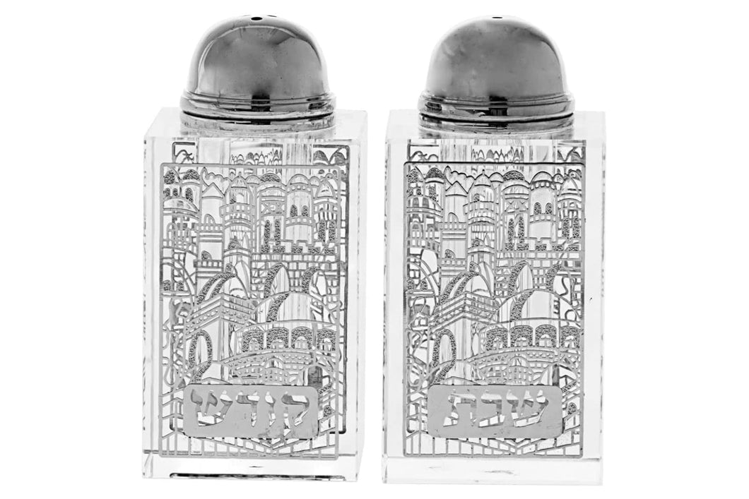 (D) Judaica Jerusalem Crystal Salt and Papper Set 3.25 H (Silver)