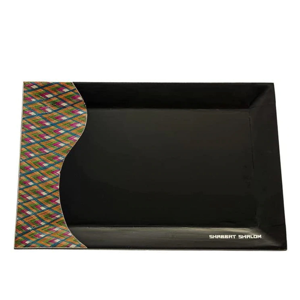 (D) Judaica Wood Shabbat Tray with Straw for Coffee Table 14x9.75'' (Black)