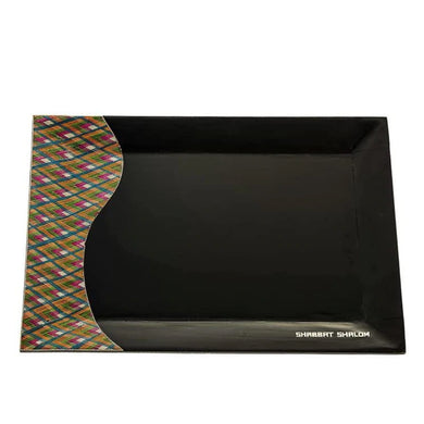 (D) Judaica Wood Shabbat Tray with Straw for Coffee Table 14x9.75'' (Black)
