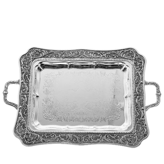 (D) Judaica Silver Plated Tray with Handles for Coffee Table (10.5x14)
