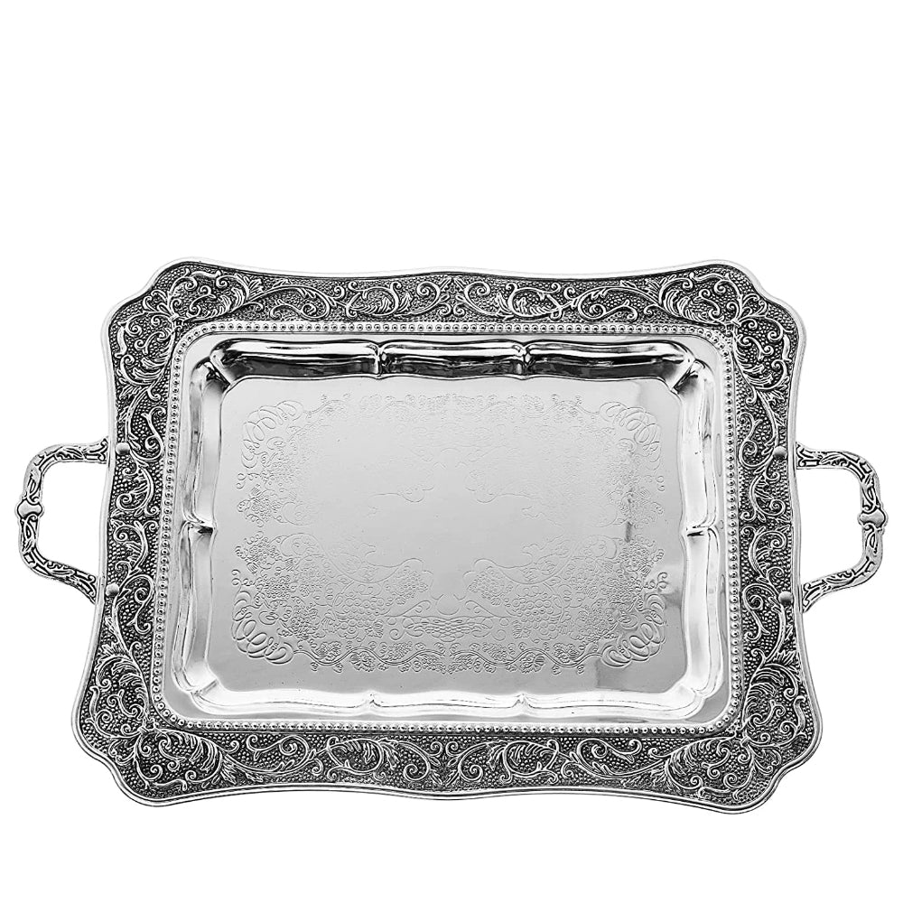 (D) Judaica Silver Plated Tray with Handles for Coffee Table (10.5x14)