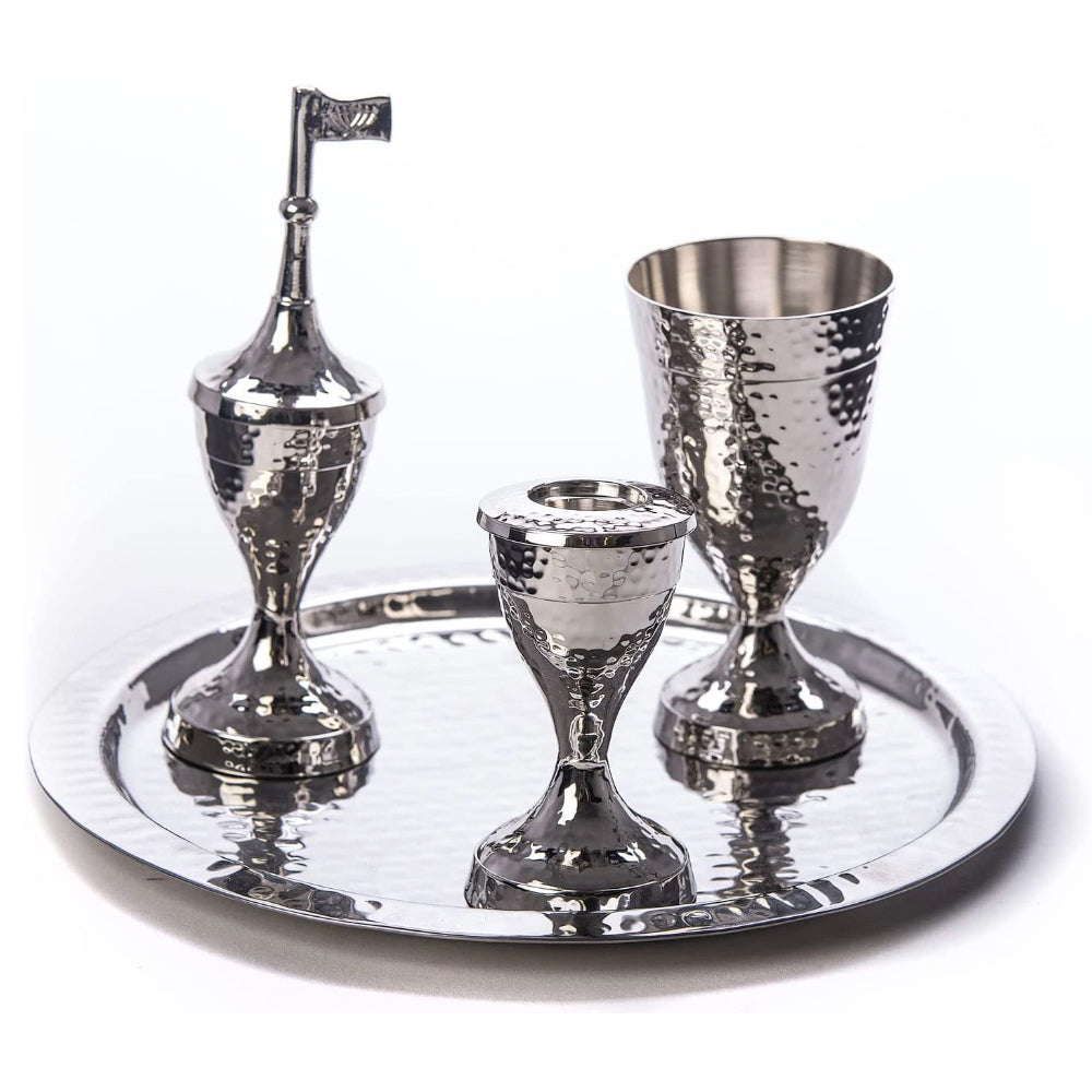 (D) Judaica Havdallah Set Stainless Steel Hammered Cup with Candle Holder