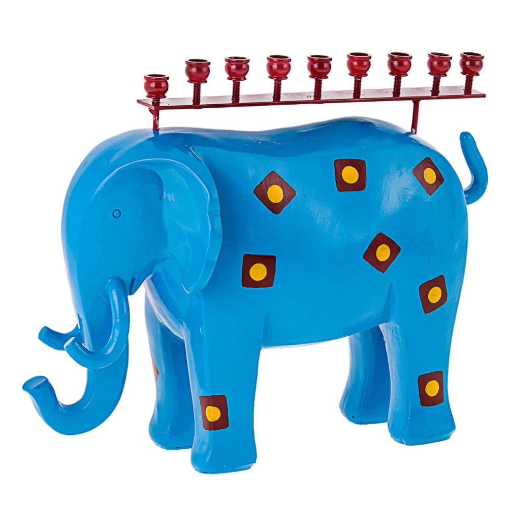 (D) Judaica Menor Blue Elephant Metal Candle Holder Home Decor 11'' L
