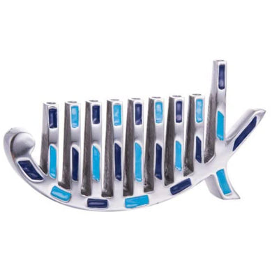 (D) Judaica Menorah Modern Candles Holder Chanukah Holiday Decor (Blue)