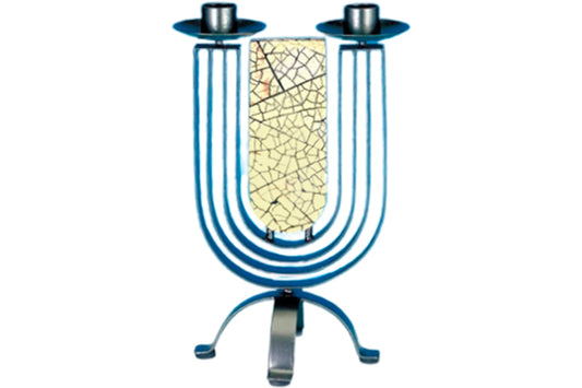 (D) Judaica Stone and Pewter Shabbat Candleholder for 2 Candles