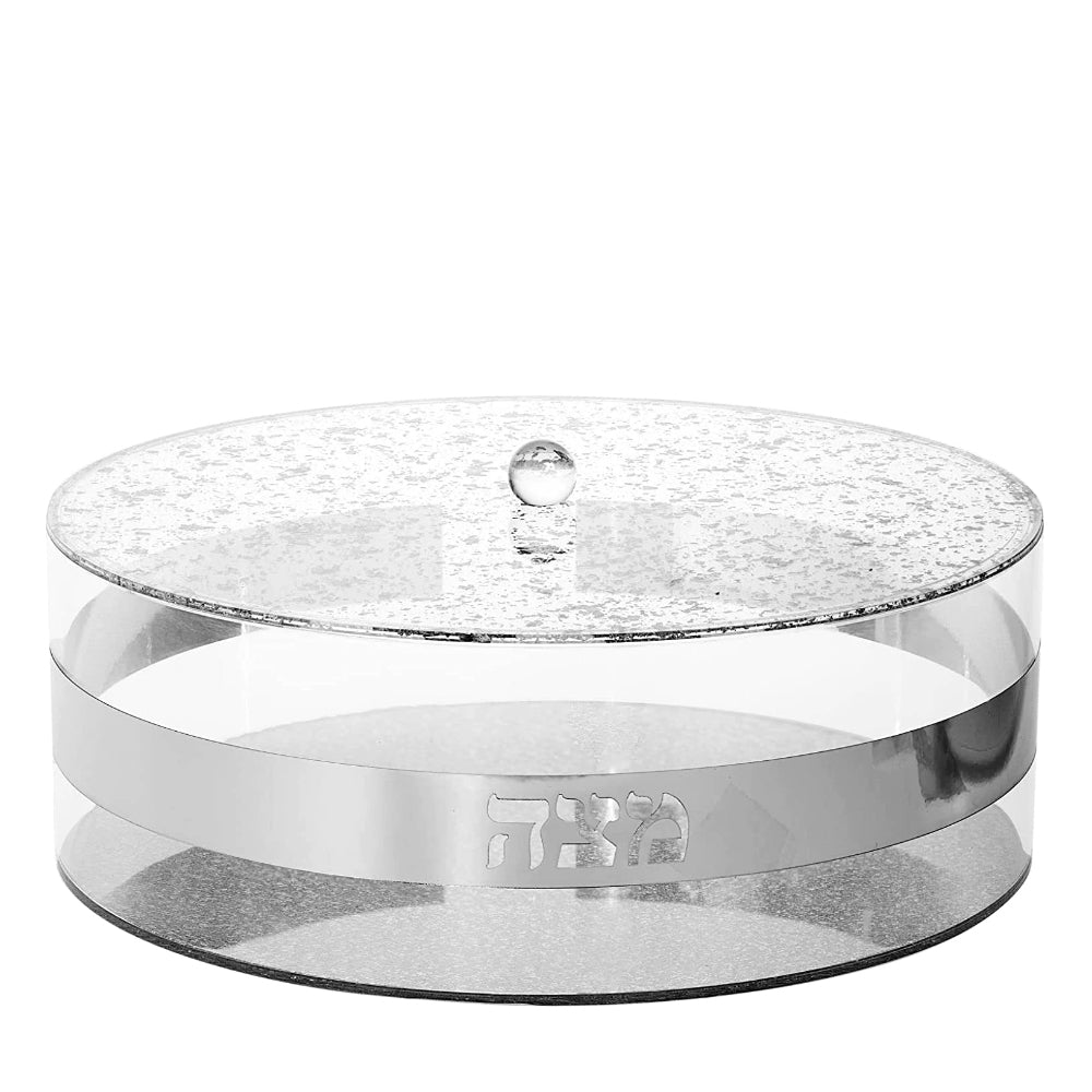 (D) Judaica Passover Round Matzah Box with Hebrew Letters and Lid 13.5'' D (Silver)