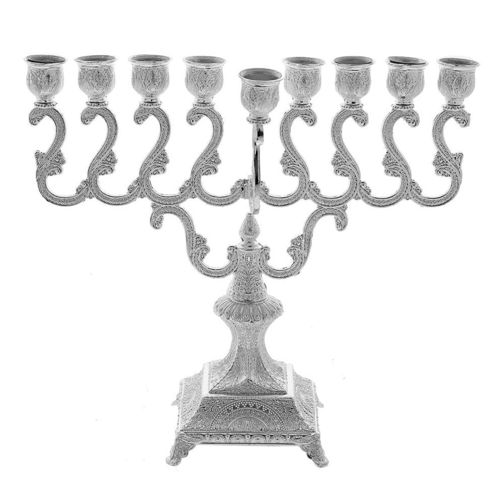 (D) Judaica Silver Plated Menorah with Tiny Decor, Candle Holder for Chanukah