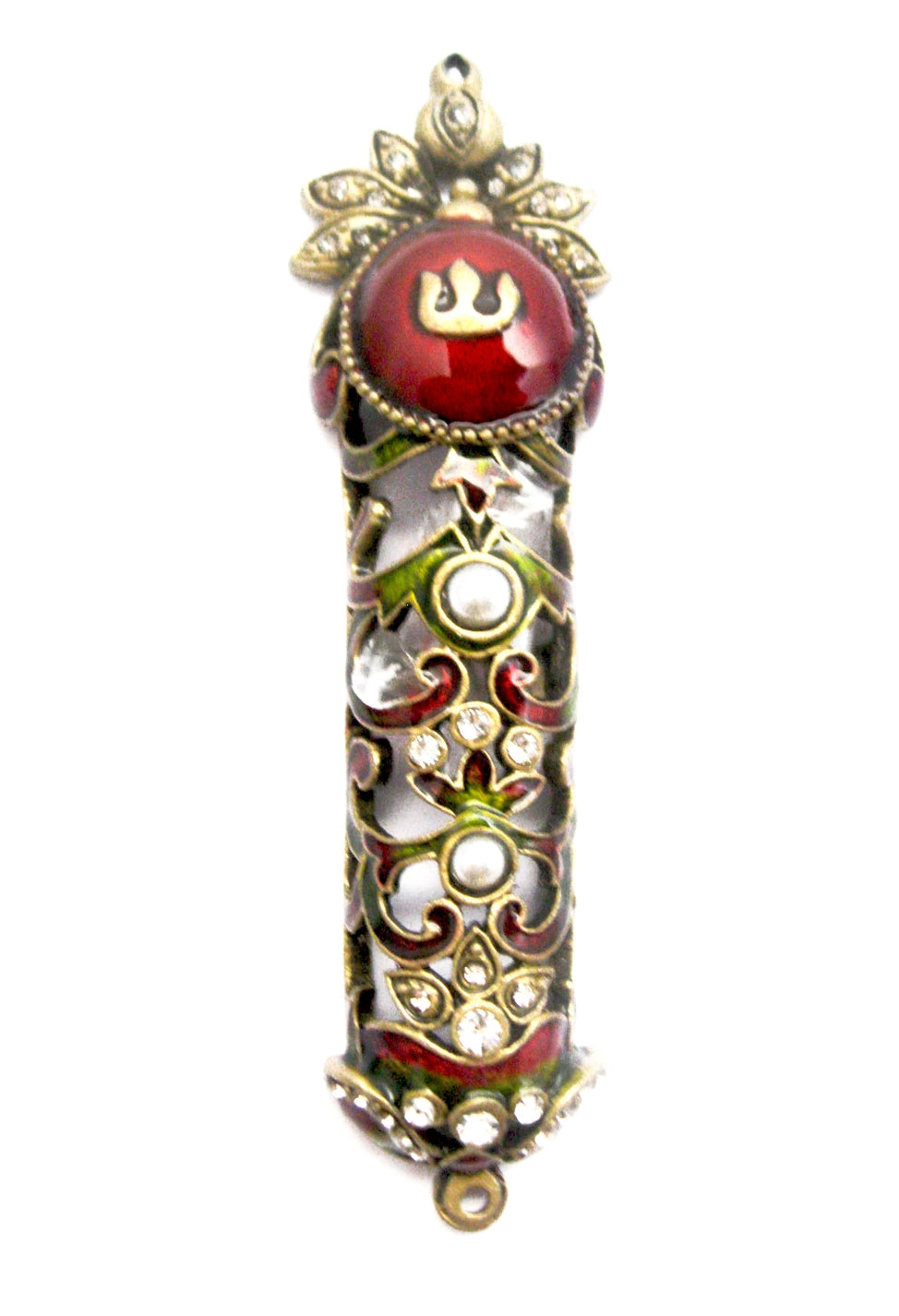 (D) Judaica Aleppo Burgundy Enamel Mezuzah with Stones and Pearls for Door