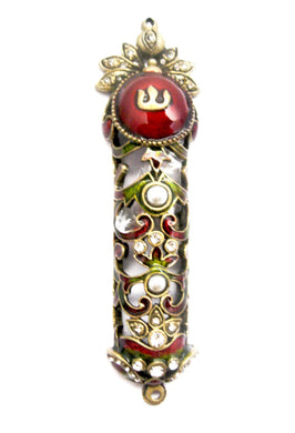(D) Judaica Aleppo Burgundy Enamel Mezuzah with Stones and Pearls for Door