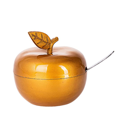 (D) Judaica Honey Dish Enamel Apple with Spoon for Rosh Hashanah (Gold)