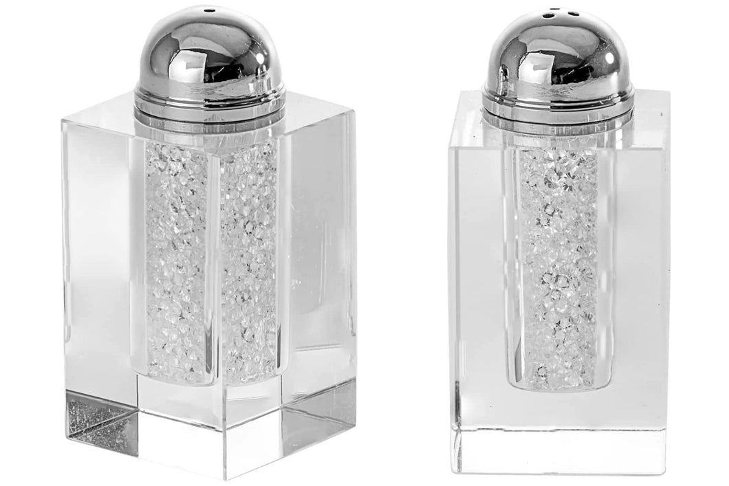 (D) Judaica Salt and Pepper Crystal with Crushed Stones 3'' Silver