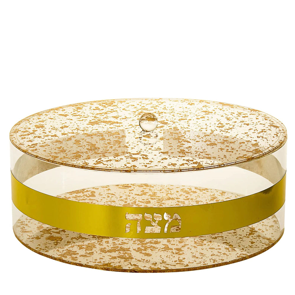 (D) Judaica Matzah Holder flakes and Hebrew Letters, With Lid 13.5 inch (Gold)