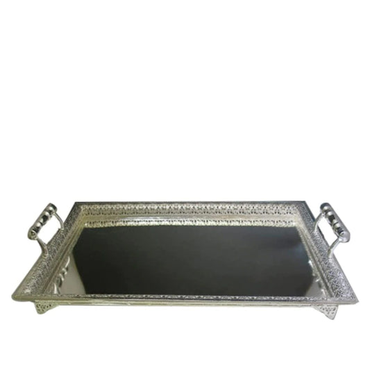 (D) Judaica Silver Plated Tray with Handles Tiny Decor, Small Feet 23.5x16''